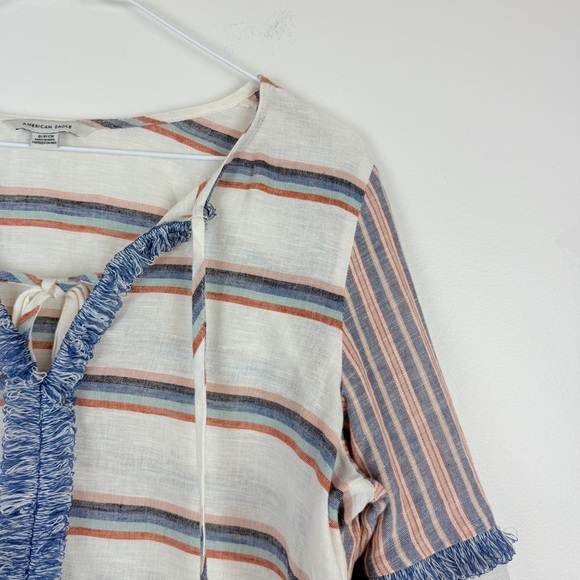 American Eagle Striped Boho Peasant Tassel Tie Linen Cotton Blouse - Picture 7 of 8